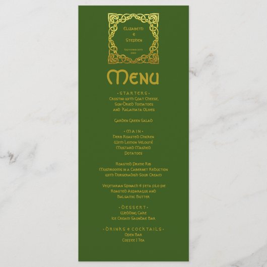 Elegant Celtic Wedding Green Faux Gold Celtic Knot Menu (Voorkant)