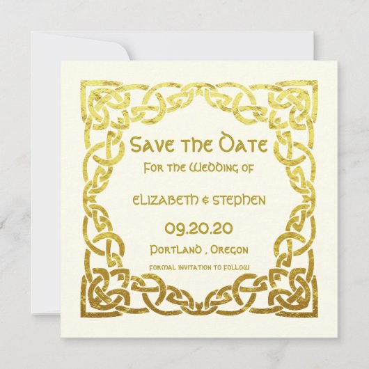 Elegant Celtic Wedding Ivory Faux Gold Celtic Knot Save The Date (Voorkant)
