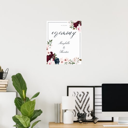 Elegant Ceremony Waterverf Burgundy Navy Floral Poster (Thuiskantoor)