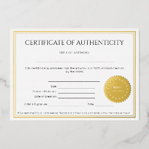 Elegant certificaat van echtheid van de kunstenaar folie uitnodiging