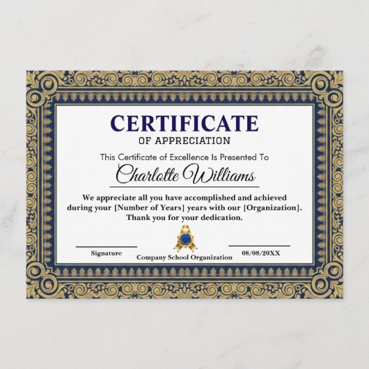 Elegant Certificaat van Waardering Blauw Goud (Voorkant)