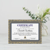 Elegant Certificate of Appreciation Blue Gold Informatiekaartje (Staand voorkant)