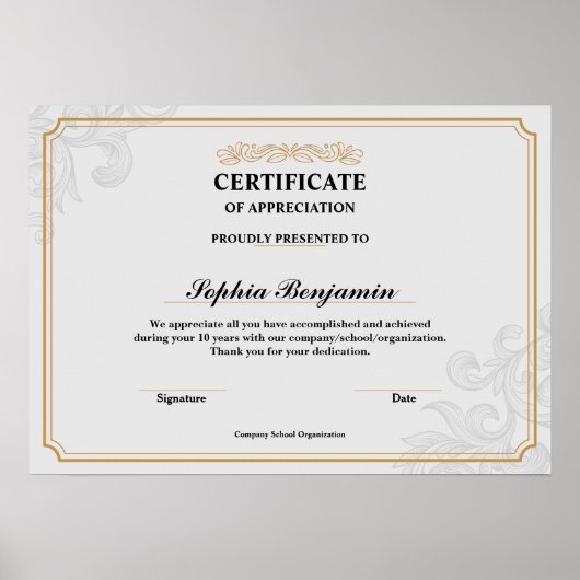 Elegant Certificate of Appreciation Gold Classic D Poster (Voorkant)