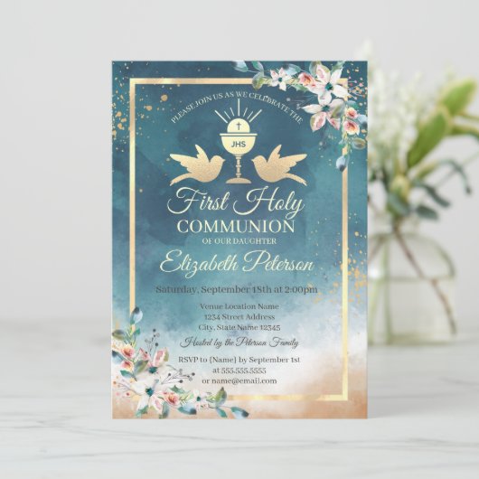 Elegant Chalice Floral Eerste Heilige Communie Kaart (Staand voorkant)