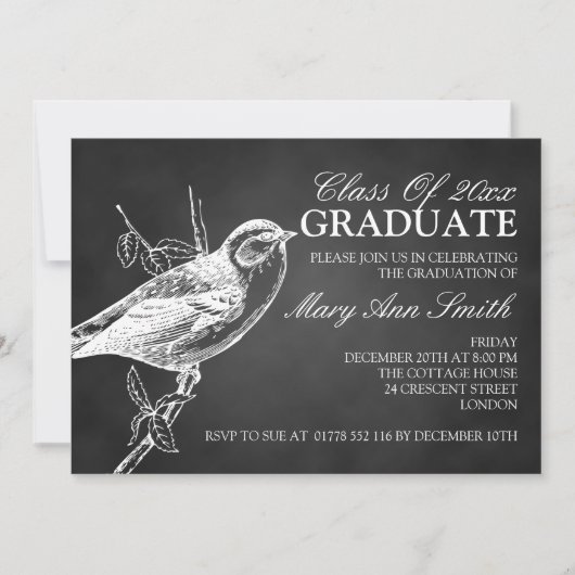 Elegant Chalkboard Bird Graduparty Black Kaart (Voorkant)