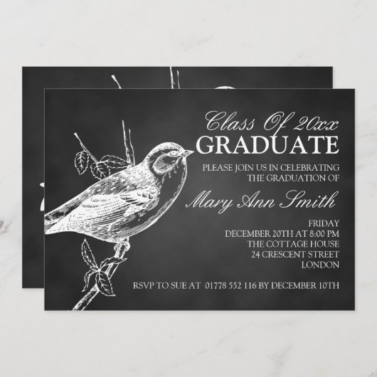 Elegant Chalkboard Bird Graduparty Black Kaart (Voorkant / Achterkant)