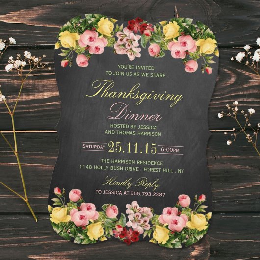 Elegant Chalkboard Floral Thanksgiving Dinner Kaart
