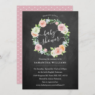 Elegant Chalkboard Floral Wreator Baby shower Kaart