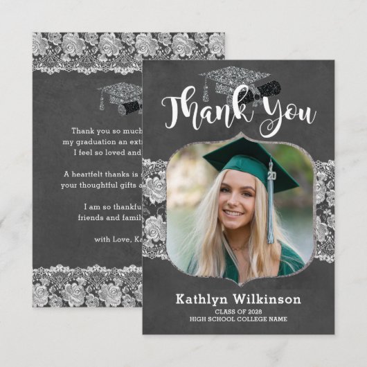 Elegant Chalkboard Lace Foto Afstuderen Hartelijk  Kaart (Voorkant / Achterkant)