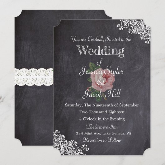 Elegant Chalkboard Style  Roos Wedding Kaart (Voorkant / Achterkant)