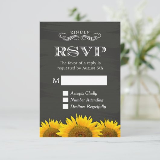 Elegant Chalkboard Sunflower Decor RSVP Antwoord (Staand voorkant)