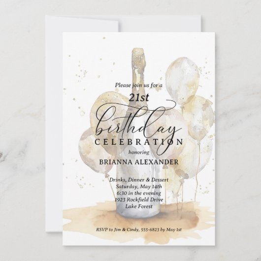 Elegant Champagne and Balloons 21st Birthday Kaart (Voorkant)