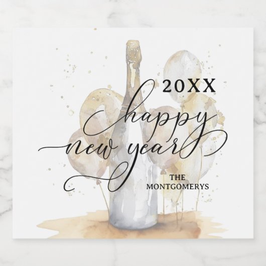 Elegant Champagne and Balloons Happy New Year Sparkling Wijnetiket (Enkel label)