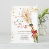 Elegant Champagne Bottle Red Bow Christmas Party Kaart (Staand voorkant)