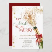 Elegant Champagne Bottle Red Bow Christmas Party Kaart (Voorkant / Achterkant)