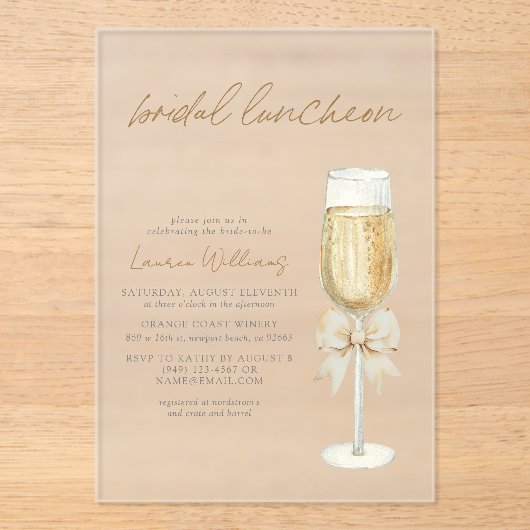 Elegant Champagne Chic Bow Script Bridal Luncheon Acryl Uitnodigingen (Voorkant)