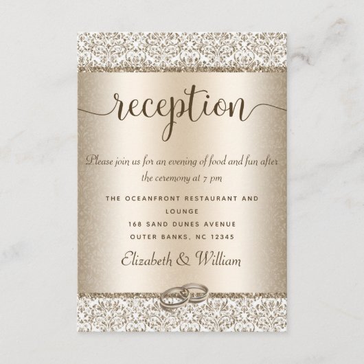 Elegant Champagne Damask Glitter Wedding Reception Informatiekaartje (Voorkant)