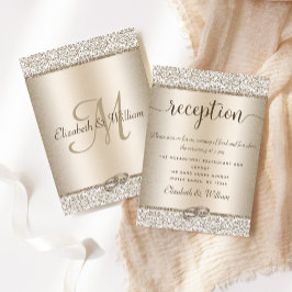 Elegant Champagne Damask Glitter Wedding Reception Informatiekaartje