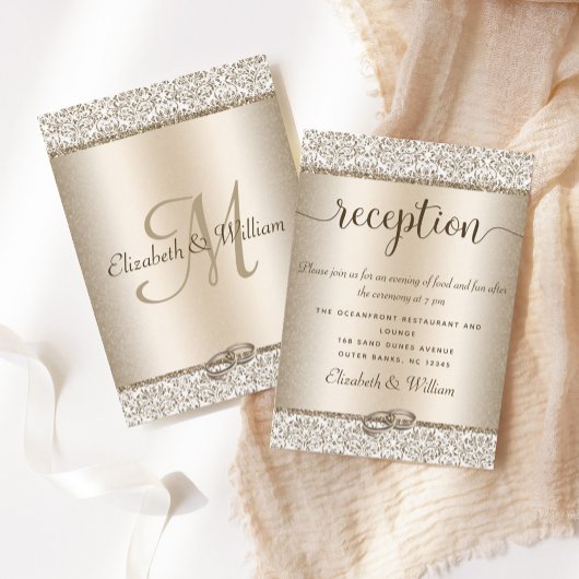 Elegant Champagne Damask Glitter Wedding Reception Informatiekaartje