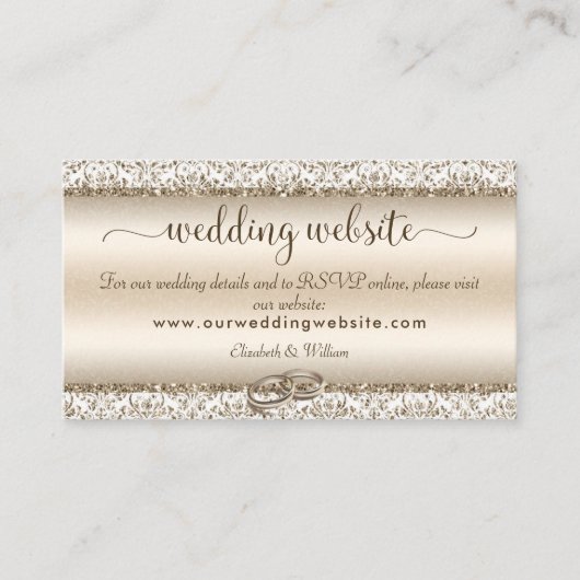 Elegant Champagne Damask Monogram Wedding Website Informatiekaartje (Voorkant)