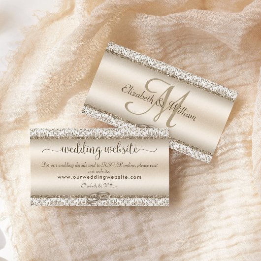 Elegant Champagne Damask Monogram Wedding Website Informatiekaartje