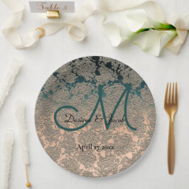 Elegant Champagne en Blauwgroen huwelijksmonogram Papieren Bordje