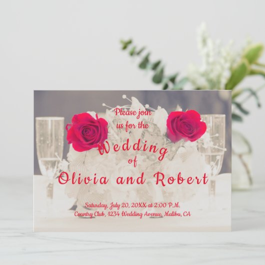 Elegant champagne en rode rozen kaart (Staand voorkant)