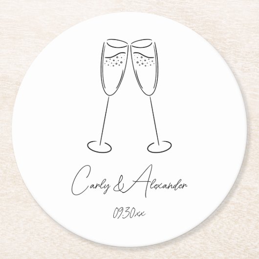 Elegant Champagne Glas Bruiloft Verloving Ronde Kartonnen Onderzetter (Voorkant)