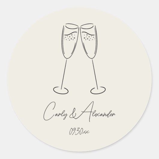 Elegant Champagne Glas Bruiloft Verloving Ronde Sticker (Voorkant)