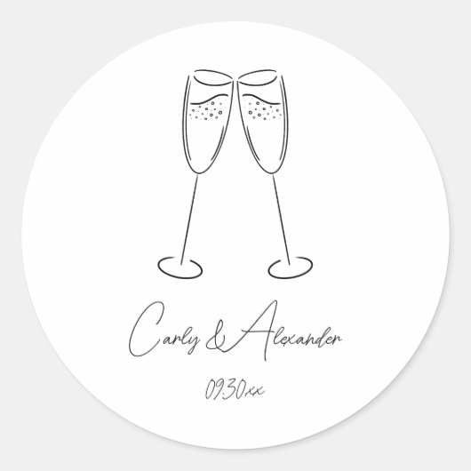Elegant Champagne Glas Bruiloft Verloving Ronde Sticker (Voorkant)