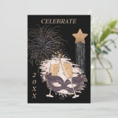 Elegant Champagne Glass and Mask New Years Party I Kaart (Staand voorkant)