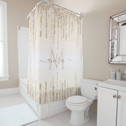 Elegant Champagne Glitter Driving Monogram & Naam Douchegordijn (In situ)