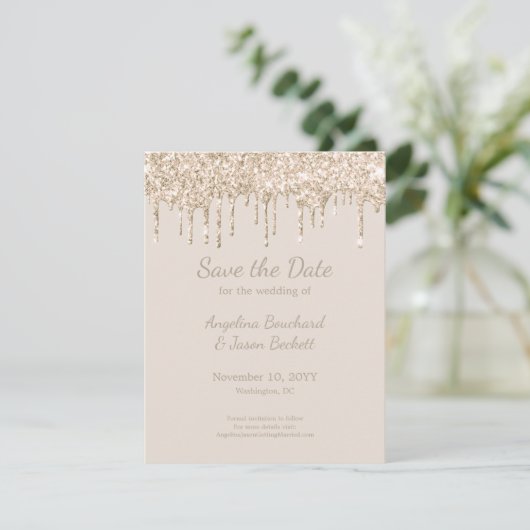 Elegant Champagne Glitter Wedding Save the Date Kaart (Staand voorkant)
