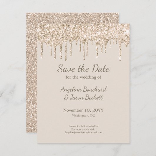 Elegant Champagne Glitter Wedding Save the Date Kaart (Voorkant / Achterkant)