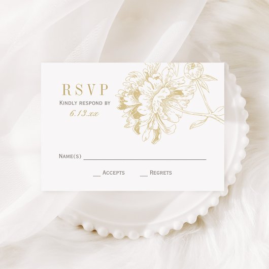Elegant Champagne Gold Floral Peony Wedding RSVP Kaartje