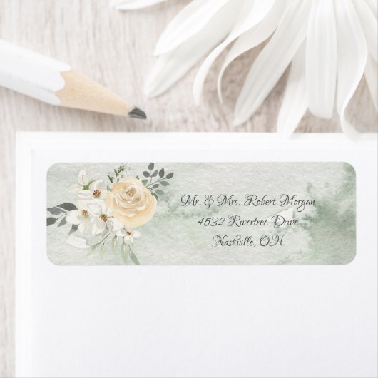 Elegant Champagne Ivory Floral Script Wedding Etiket (Insitu)