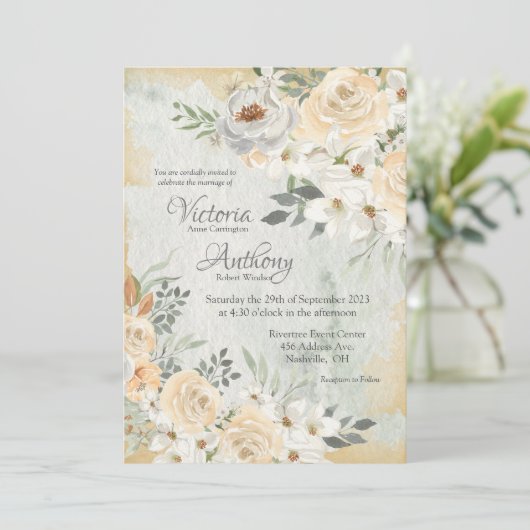 Elegant Champagne Ivory Floral Script Wedding Invi Kaart (Staand voorkant)