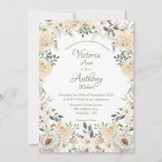 Elegant Champagne Ivory Floral Script Wedding Invi Kaart (Voorkant)