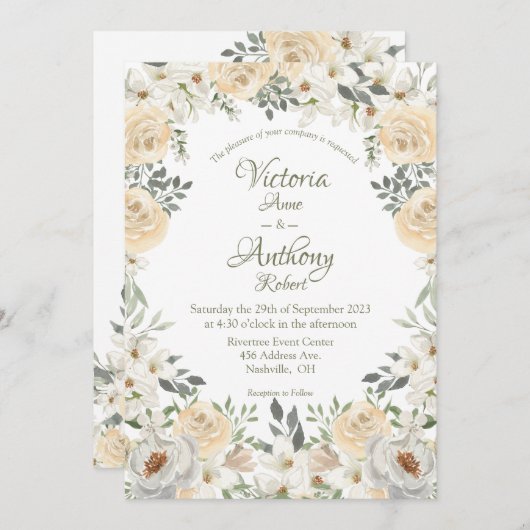 Elegant Champagne Ivory Floral Script Wedding Invi Kaart (Voorkant / Achterkant)