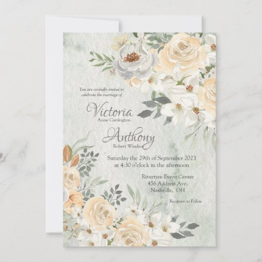 Elegant Champagne Ivory Floral Script Wedding Kaart (Voorkant)