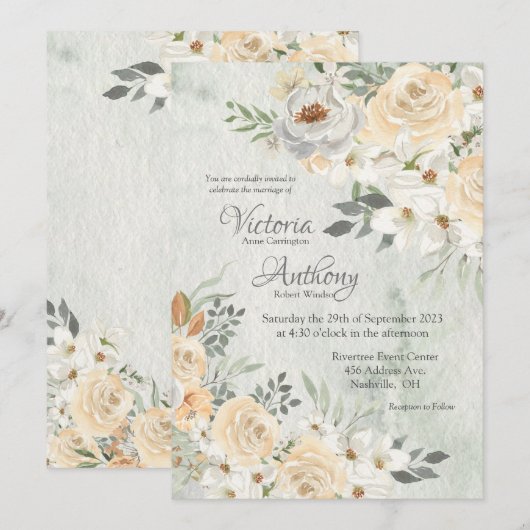 Elegant Champagne Ivory Floral Script Wedding Kaart (Voorkant / Achterkant)