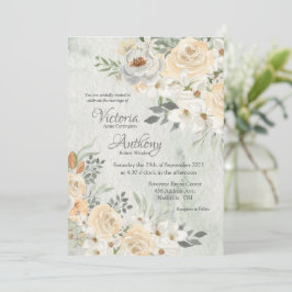 Elegant Champagne Ivory Floral Script Wedding Kaart