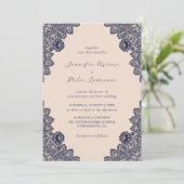 Elegant Champagne Navy Blue Lace Wedding Kaart (Staand voorkant)