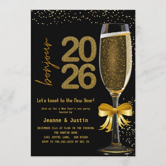 Elegant Champagne New Year's Eve Party Invitation Kaart (Voorkant)