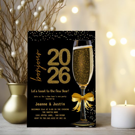 Elegant Champagne New Year's Eve Party Invitation Kaart