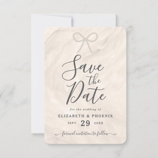 Elegant Champagne Pearl Bow Custom Photo Wedding Save The Date (Voorkant)