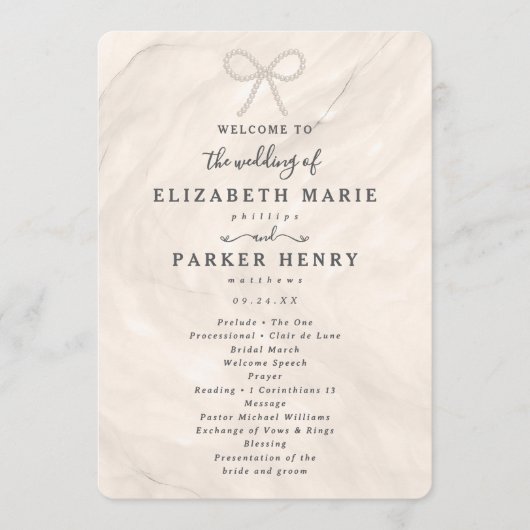 Elegant Champagne Pearl Bow Wedding Ceremony Programmakaart (Voorkant)