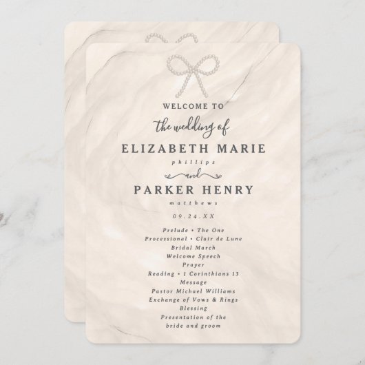 Elegant Champagne Pearl Bow Wedding Ceremony Programmakaart (Voorkant / Achterkant)