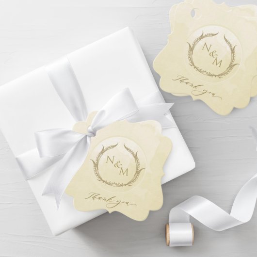 Elegant Champagne Waterverf Monogram Wedding Favo Bedankjes Labels