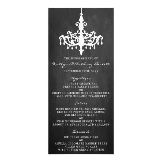 Elegant Chandelier Chalkboard Wedding Menu (Voorkant)